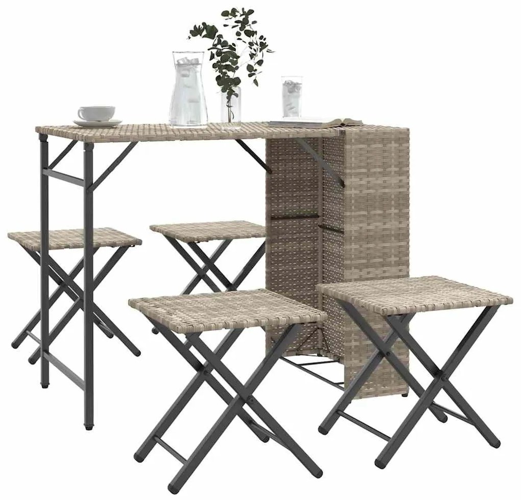 5 részes szürke polyrattan összecsukható kerti étkezőgarnitúra