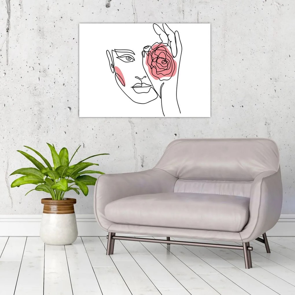 Üveg kép - Line art arc rózsával (70x50 cm)