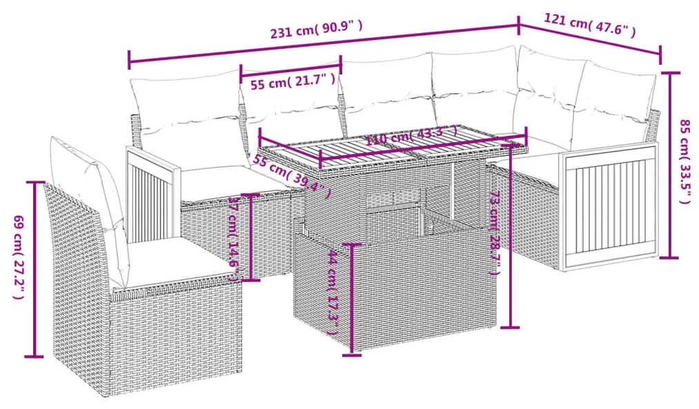 7 részes fekete polyrattan kerti ülőgarnitúra párnával