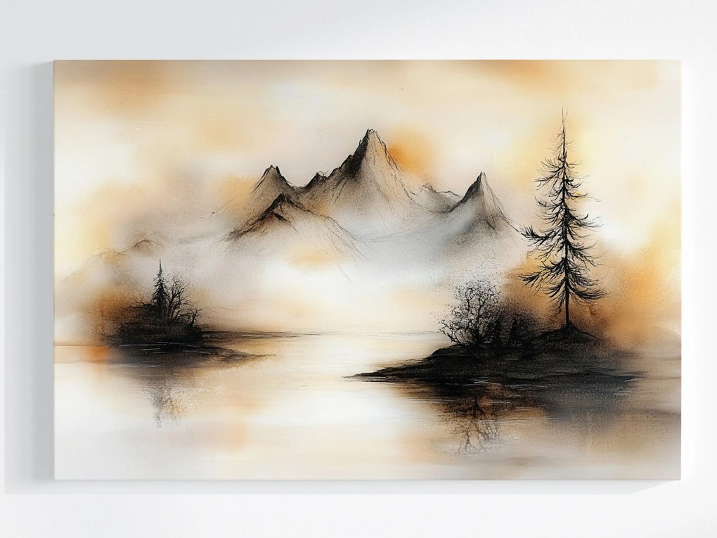 Vászonkép Canvas Grafika Tájkép Hegyek Tó Sziget Fa 60x40