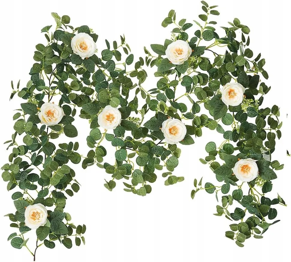 Mesterséges Növény Eukaliptusz Fűzér Rózsa Műanyag Vízálló 200cm Pezsgőszínű