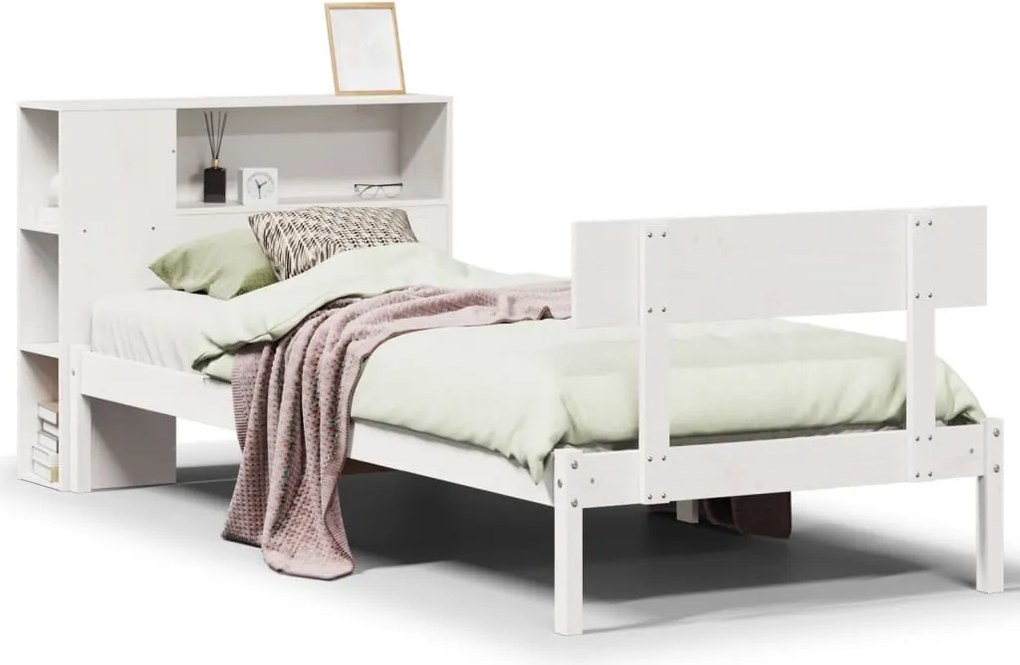 vidaXL fehér tömör fenyőfa könyvespolcos ágy matrac nélkül 75 x 190 cm