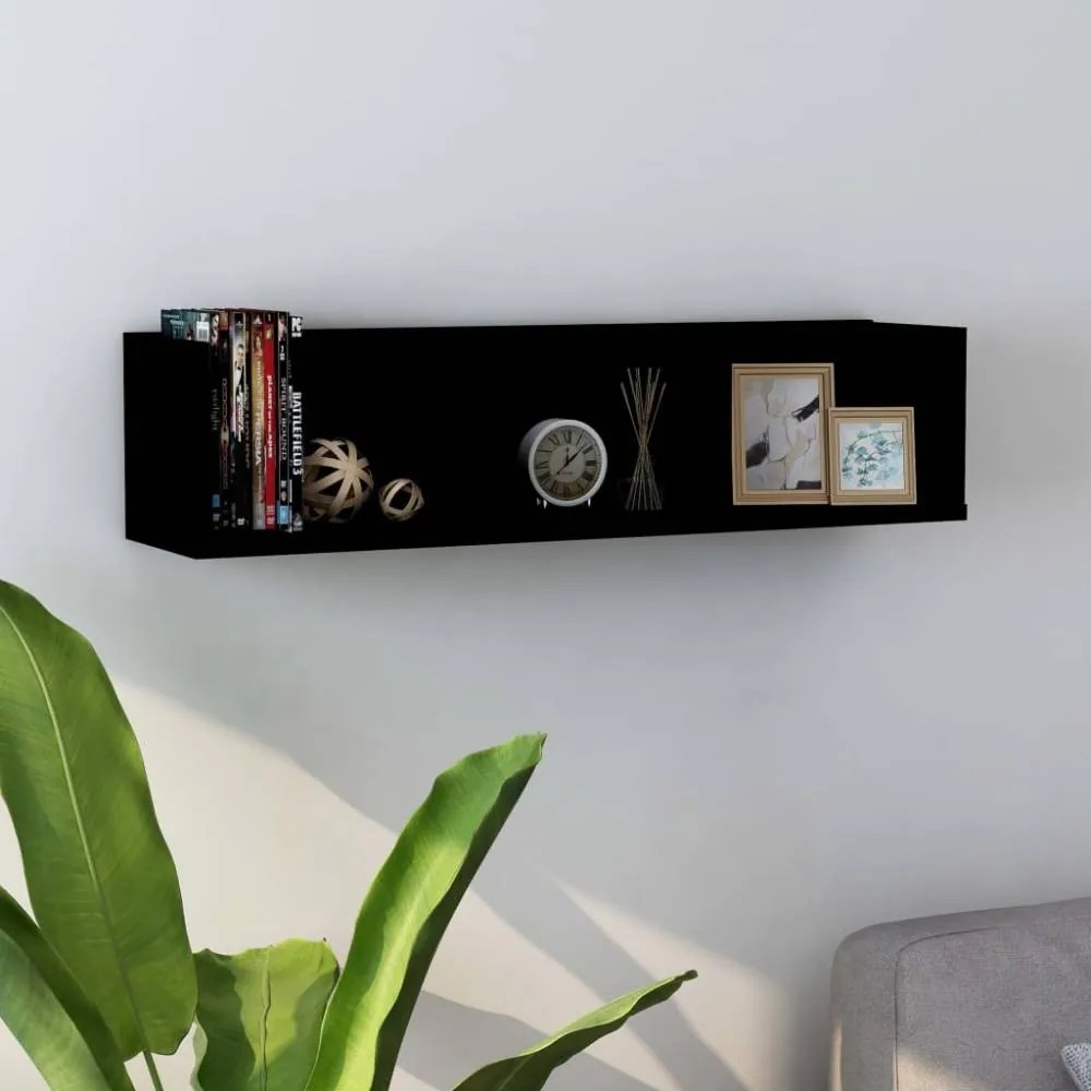 Fekete forgácslap CD-tartó fali polc 75 x 18 x 18 cm