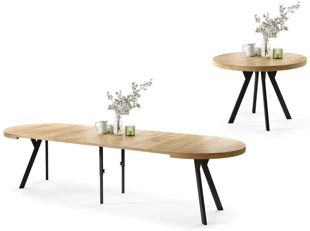 Mazzoni EXPANSO Anyagminta Arany Tölgy/fekete lábak - LOFT/IPARI STÍLUSÚ 310 cm-re BŐVÍTHETŐ NAGY KEREK ASZTAL Ø110 Y LÁBAKKAL