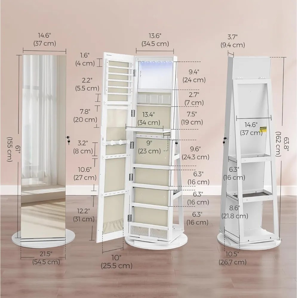 CHANTAL ékszertartós álló tükör, 54,5×54,5×162 cm, fehér SongmicsHome