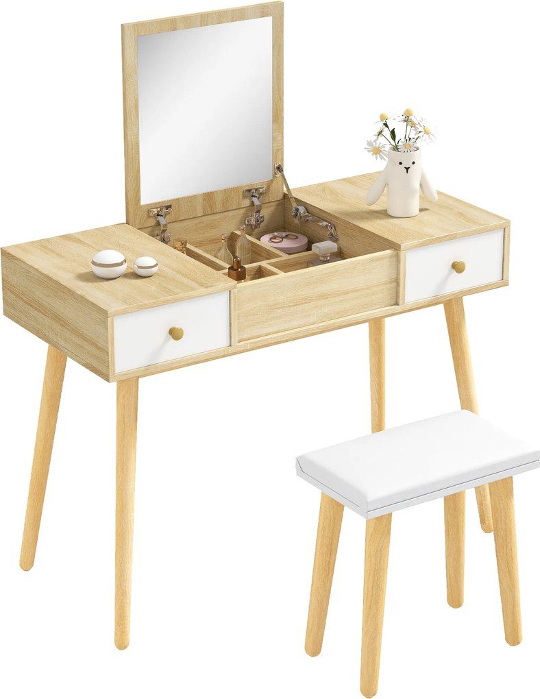 HOMCOM Smink Tükörrel Ellátott Képzőasztal Párnázott Székkel, 100x45x118 cm Természetes Szín | Aosom