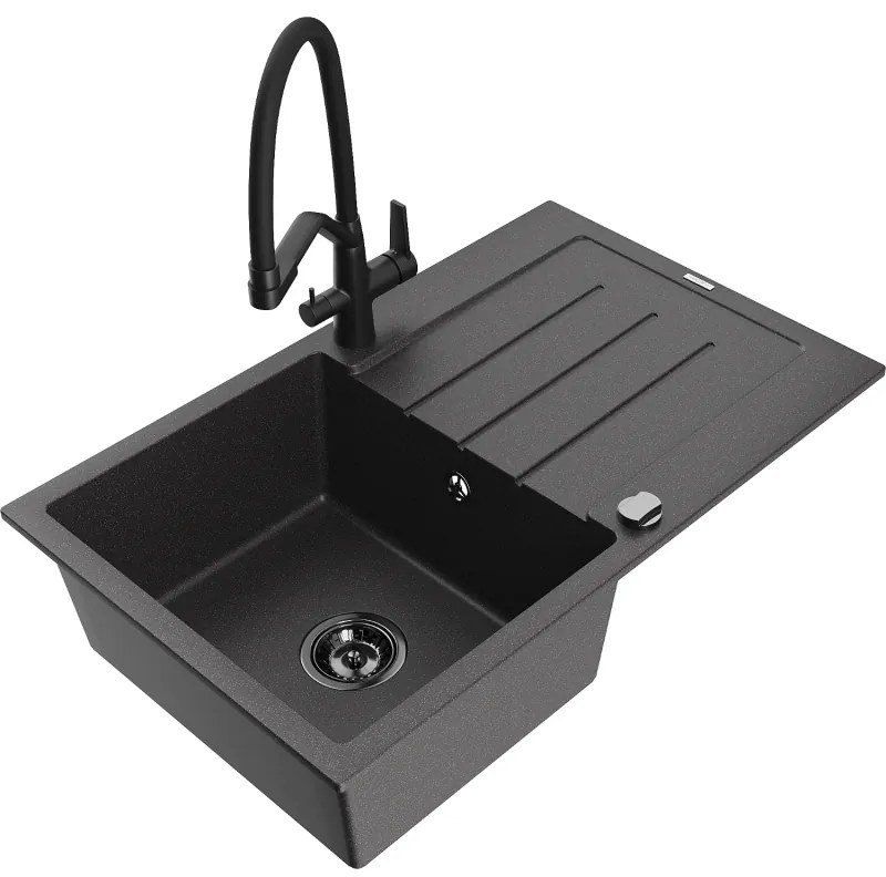 Mexen Bruno gránit mosogató 1-medencés csepegtetővel és Duo konyhai csapteleppel, fekete pettyes - 6513-76-671701-70-B