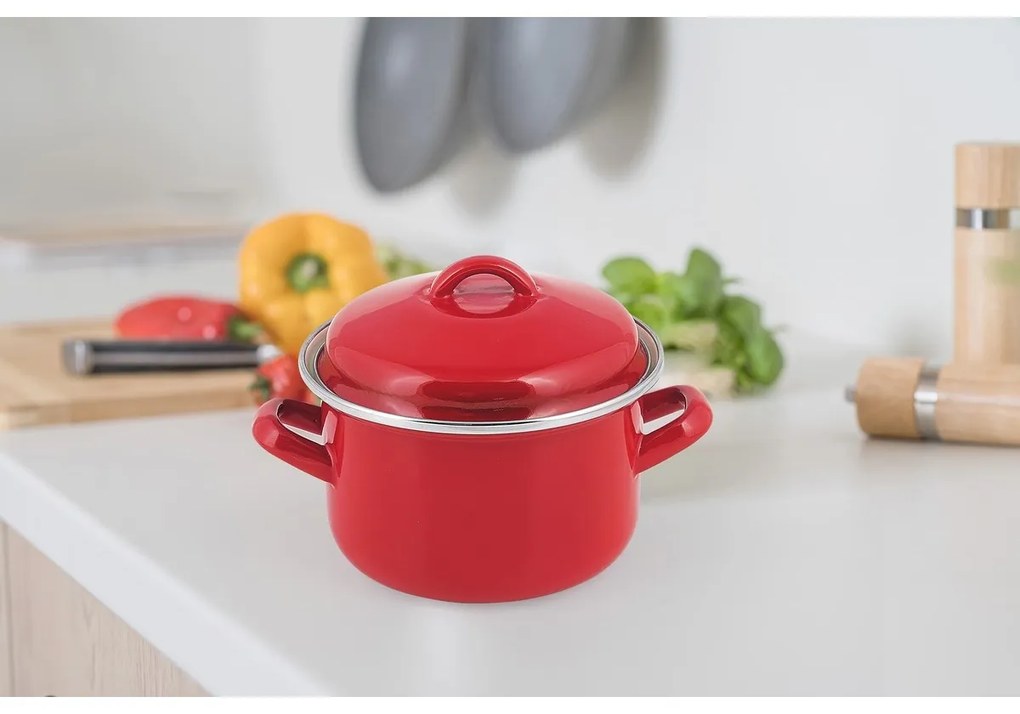Banquet Milton zománcozott edény fedővel piros, 12 cm, 0,78 l, 12 cm