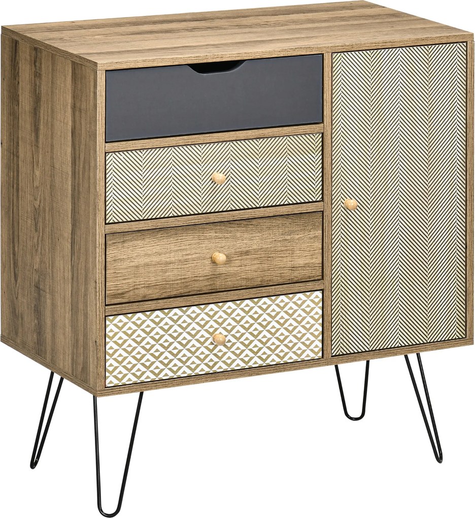 HOMCOM Tároló Szekrény 4 Fiókkal és 1 Szekrénnyel - Hajlított Lábak - Bohemian Stílus - 79 x 39 x 86 cm Barna | Aosom