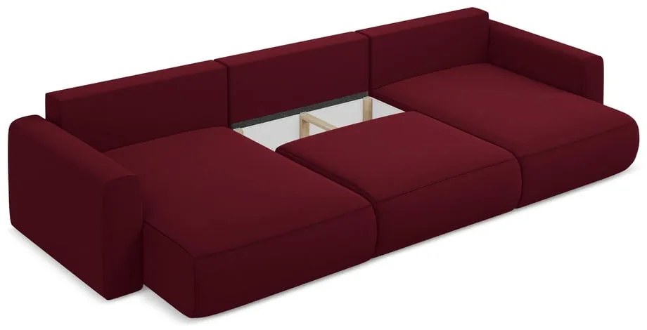 Borvörös bársony kinyitható-tárolóhelyes (U alakú) sarokkanapé Kapua – Makamii