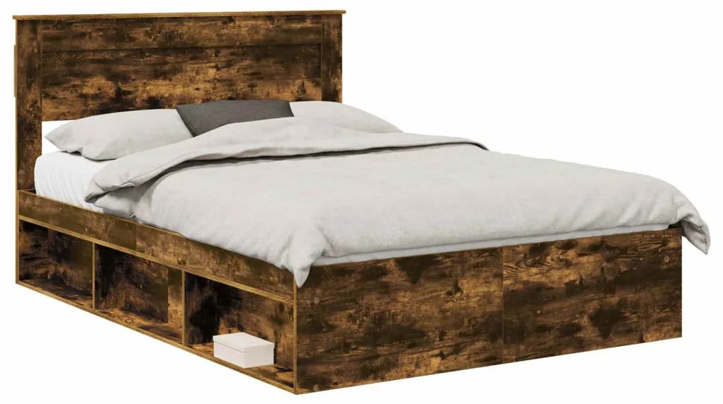 vidaXL Ágykeret matracmal Füstölt tölgy 150 x 200 cm Tömör fenyőfa