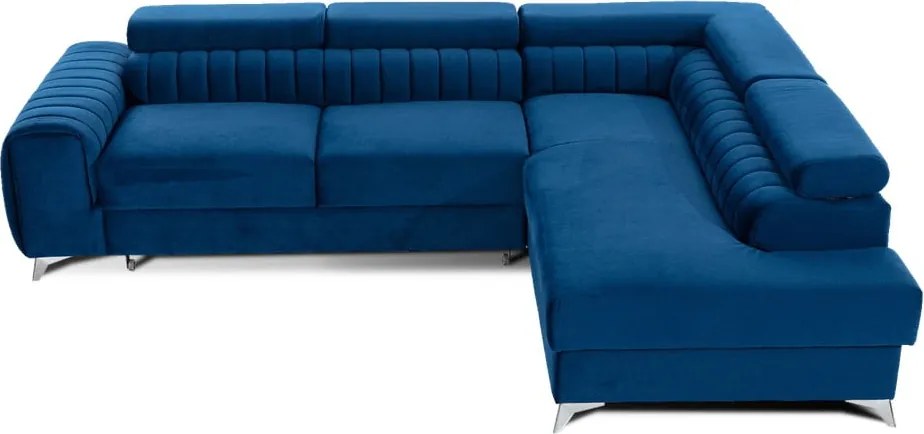 Kék bársony kinyitható-tárolóhelyes sarokkanapé (jobb oldali-L alakú) Laurence – ELTAP