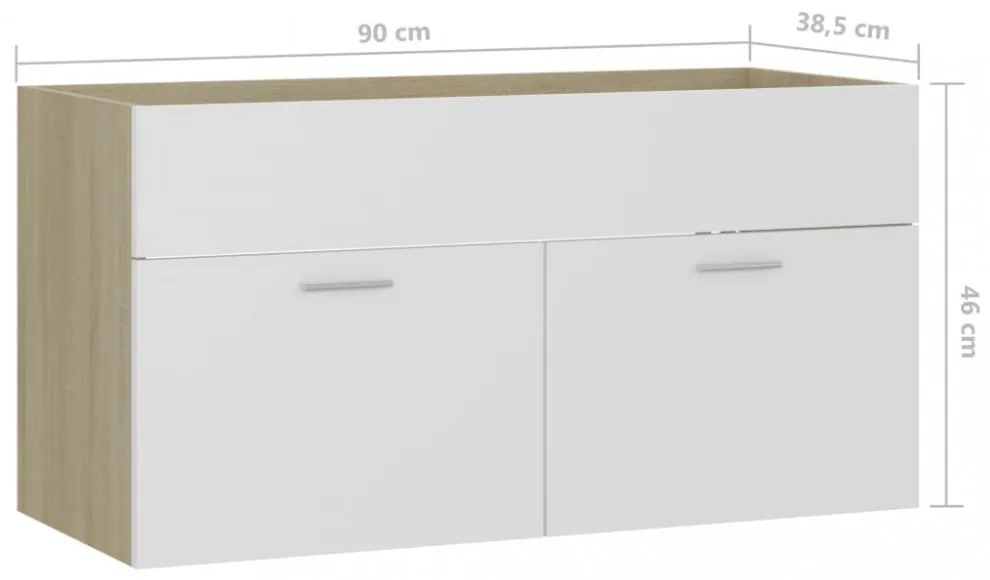 fehér és sonoma tölgy szerelt fa mosdószekrény 90x38,5x46 cm