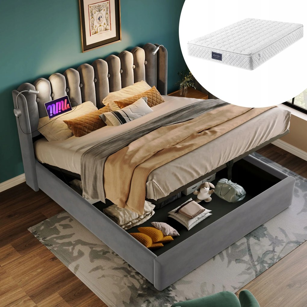 Franciaágy Kárpitozott ágy lámpa Díja 140x200 szürke+Matrac