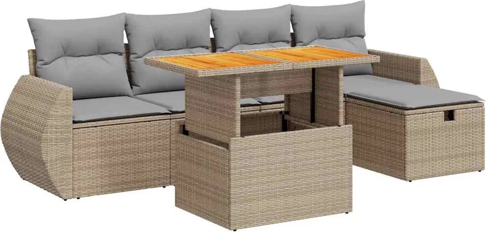 vidaXL 6 részes bézs polyrattan akácfa kerti ülőgarnitúra párnával