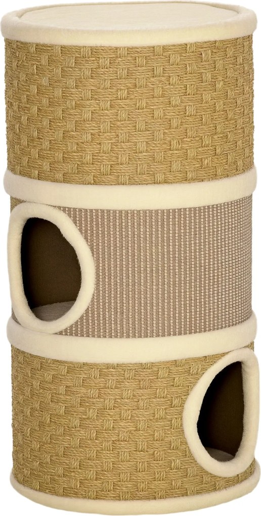 PawHut Kaparóhenger 70 cm Magas Ø 37.5 cm Háromszintes Macska Barlang Sisalkötéllel, Macskaodú, Kaparóoszlop Kismacskák számára, Khaki+Kávé | Aosom