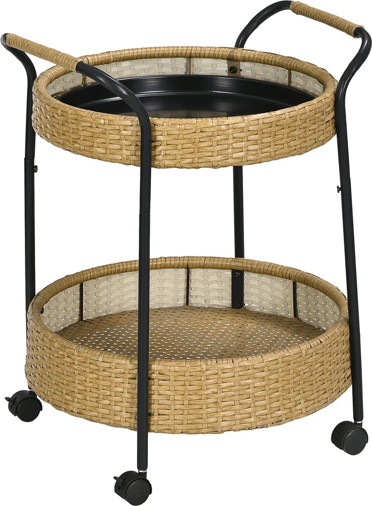 Outsunny Rattan Szervíz Kocsi 2 Polccal, Kerti Görgős Kocsi, Kerek Konyhai Kocsi Fogantyúkkal, Kültéri Bár Kocsi Erkélyhez, Acél Váz, Természetes, Φ50
