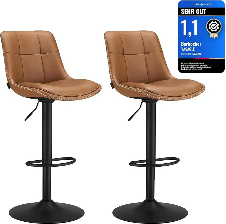 VASAGLE bárszék szett (2 db), magasságában állítható konyhai bárszékek, karamellbarna