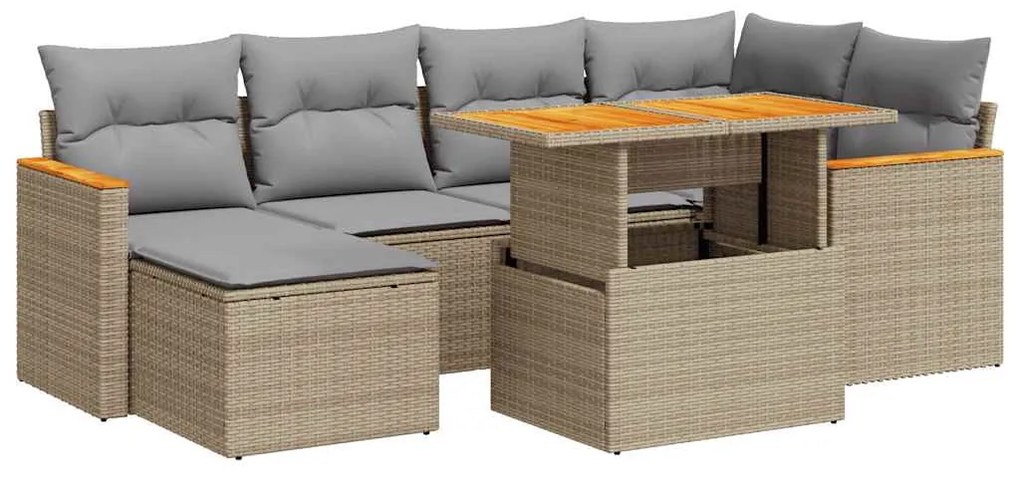 7 részes bézs polyrattan akácfa kerti ülőgarnitúra párnákkal