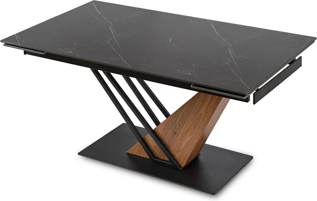 Kihúzható kerámia étkezőasztal 160–220 cm méretben, fekete márvány/dió színben REX