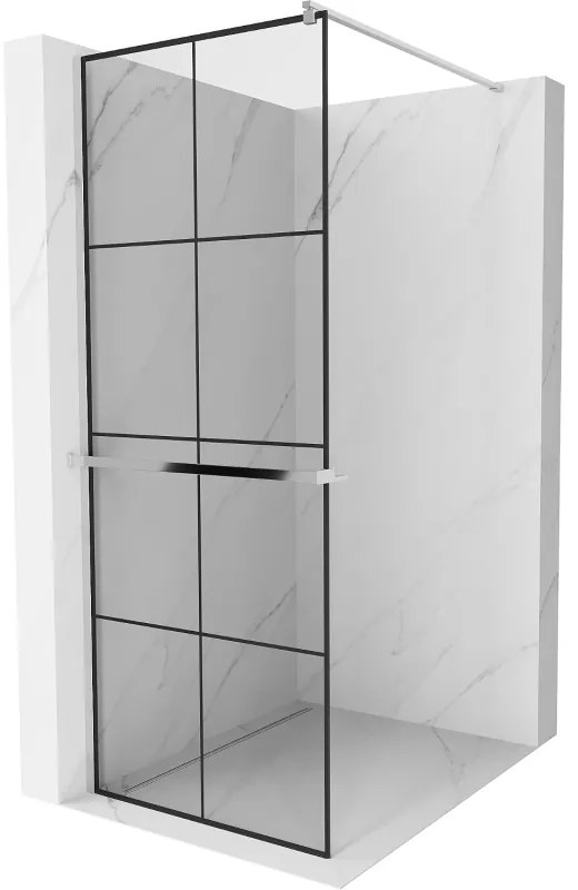 Mexen Kioto +, zuhanyparaván polccal és törölközőtartóval 80 x 200 cm, 8mm átlátszó üvegmintás fekete keret, króm profil, 800-080-121-01-77