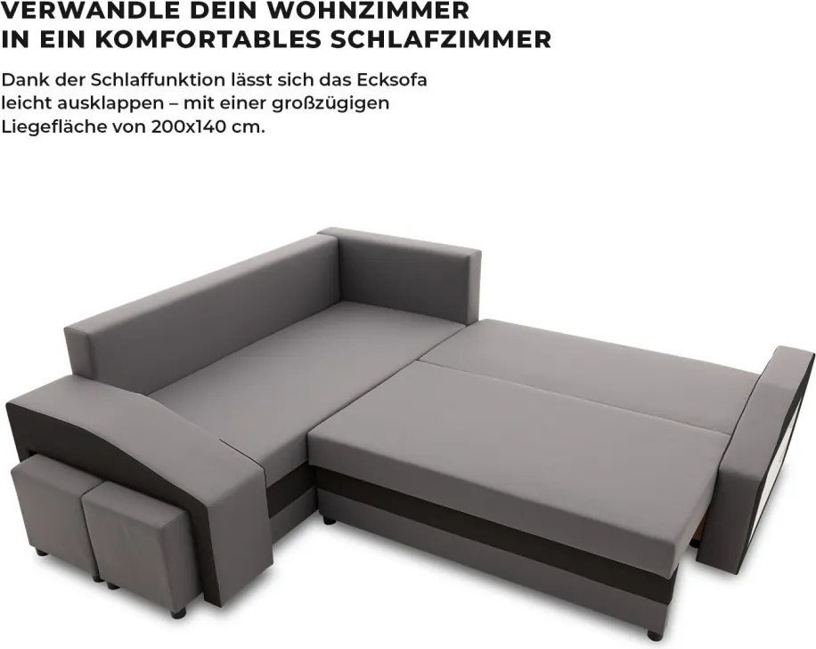 Grande sarokkanapé polcokkal és puffokkal , polc a jobb karfaban puffok a bal karfaban, baloldali, szövet anyag, bonell töltet, szürke - fekete