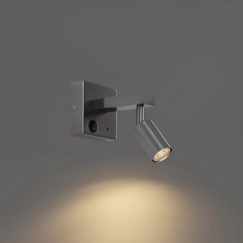 Modern acél fali lámpa USB-C csatlakozóval, dönthető - Rex