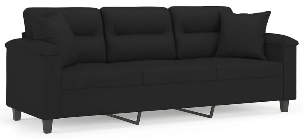 3 személyes fekete mikroszálas szövetkanapé párnákkal 180 cm