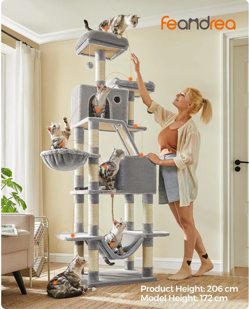 Macska kaparófa, többszintes, pihenőkosárral, 60x50x206cm, szürke