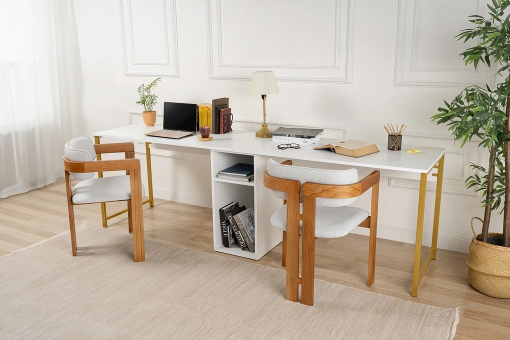 Íróasztal Twin Study Desk - Fehér, Arany