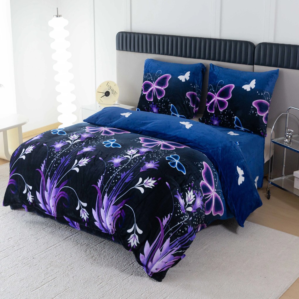 2 db Mikroplüss ágyneműhuzat szett VIOLET BUTTERFLY sötétkék + Mikroplüss lepedő SOFT 180x200 cm fehér, kétszemélyes ágyhoz