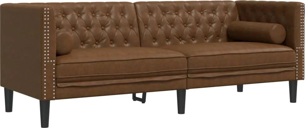 vidaXL 3 személyes barna műbőr Chesterfield kanapé hengerpárnákkal
