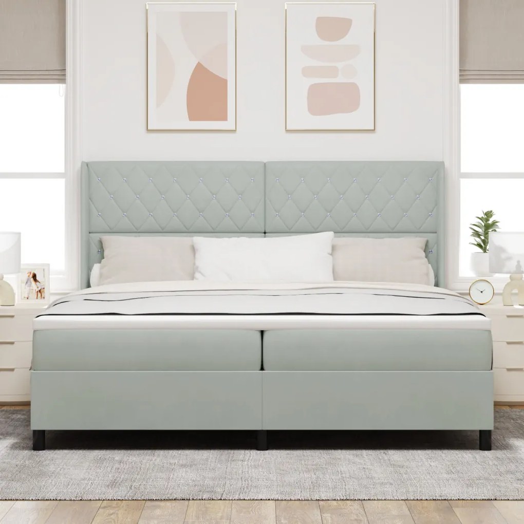 Boxspring Ágy Matresszel & LED Fény Szürke 200x200 cm Bársony