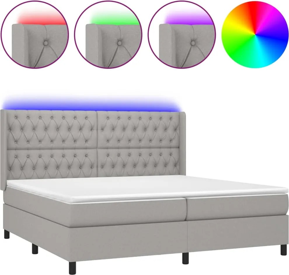 vidaXL világosszürke szövet rugós és LED-es ágy matraccal 200x200 cm