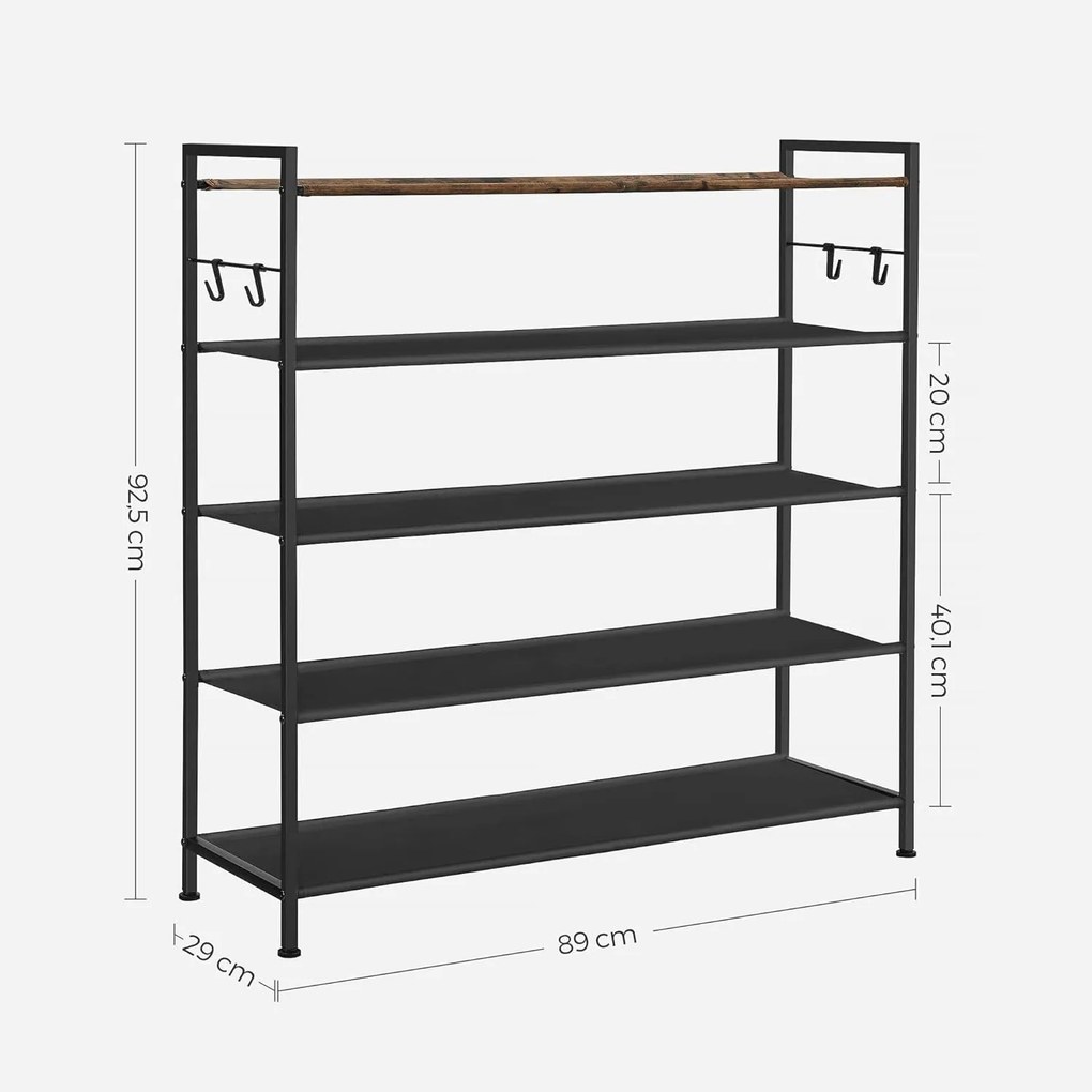 Cipőtartó 5 szintes, fém cipőtartó 20-25 pár cipőhöz, 29x89x92,5 cm, barna-fekete