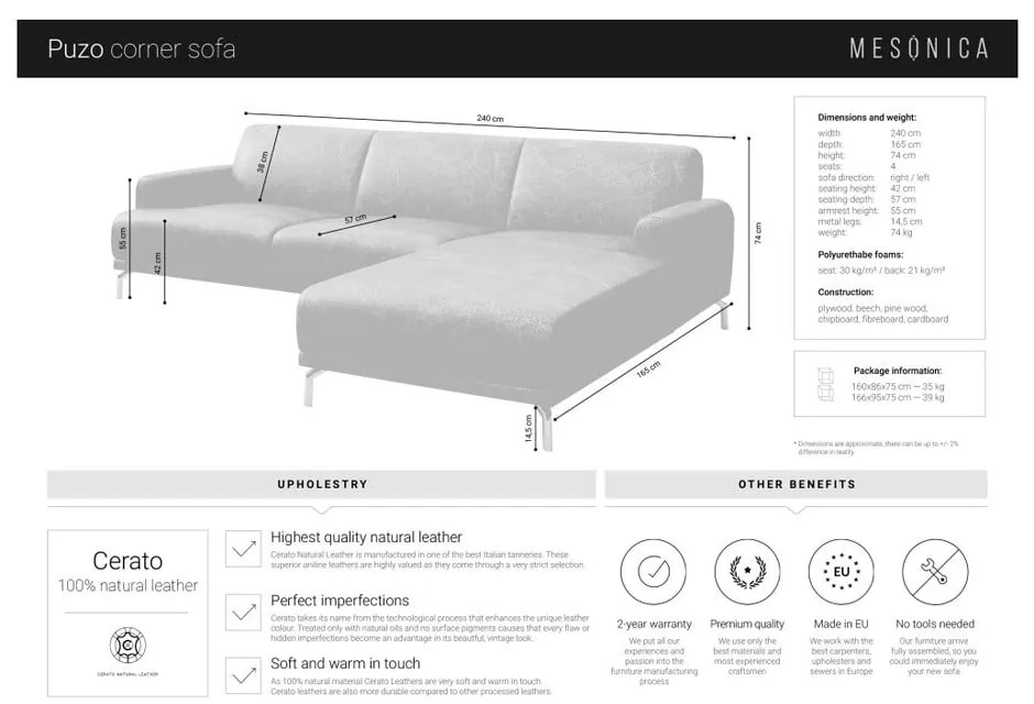 Puzo konyakbarna bőr sarokkanapé bal oldali fekvőfotellel - MESONICA