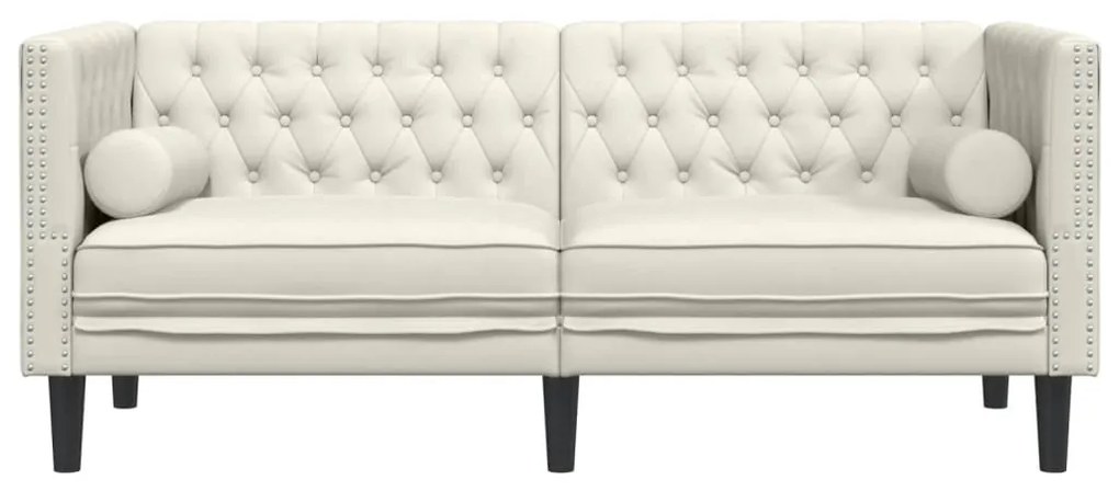 2 személyes krémszínű bársony Chesterfield kanapé párnákkal