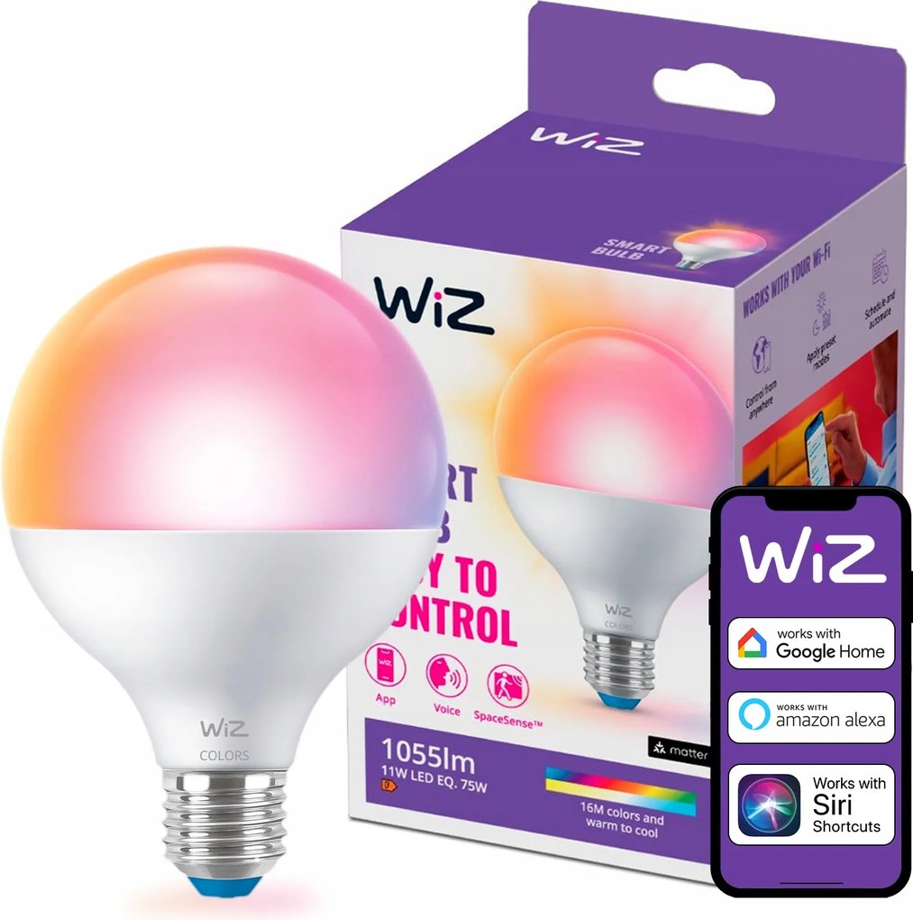 Led izzó E27 G95 11W 75W 2200-6500K Rgb Smart WiFi WiZ alkalmazás