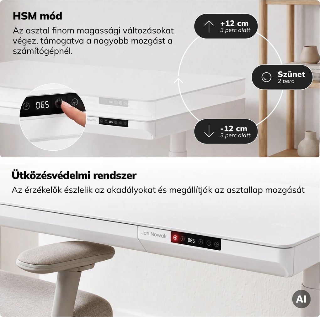 Elektromos ülő-álló íróasztal fiókkal és Qi vezeték nélküli töltővel fehér, 1200 mm: ELLIS