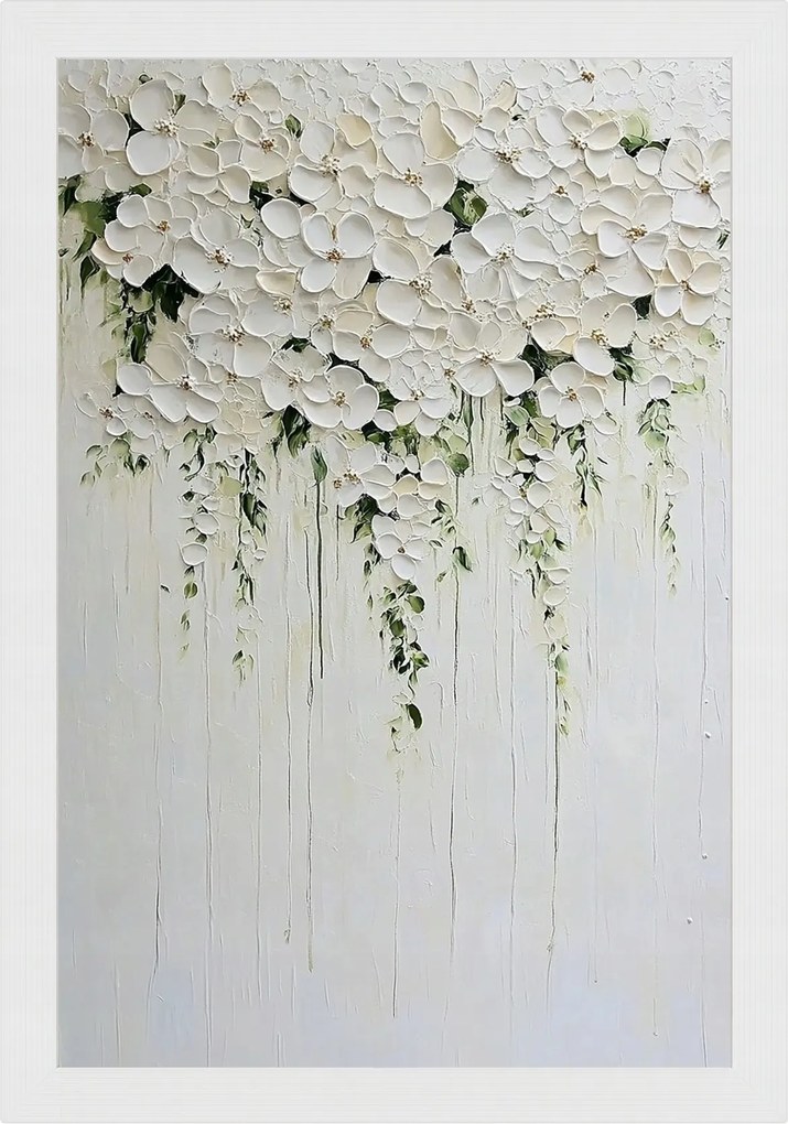 Poszter Keret Fa Természet Olaj Impasto 3D Fehér Kúszó Virágok 40x60