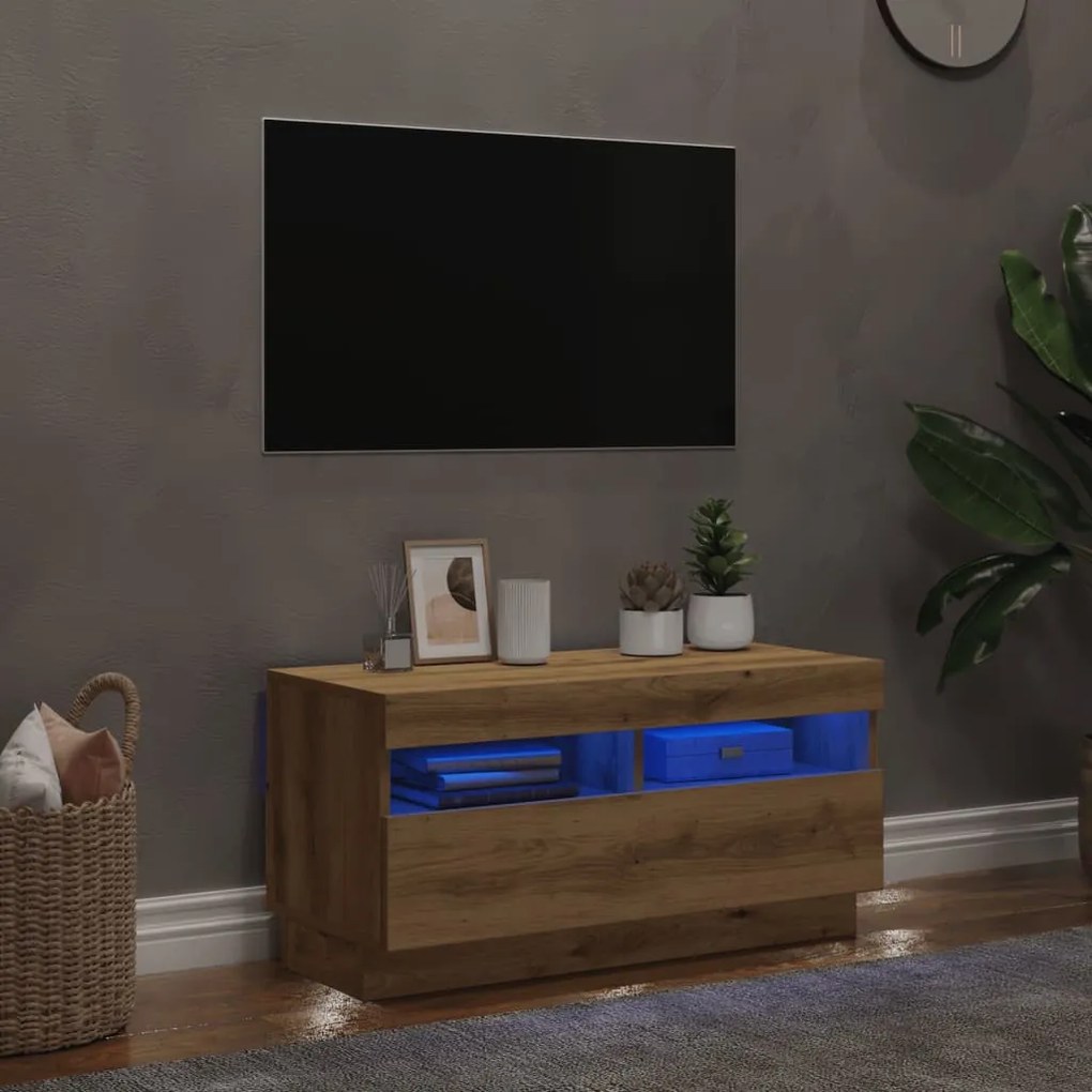 kézműves tölgyszínű szerelt fa TV-szekrény LED-ekkel 80x35x40cm