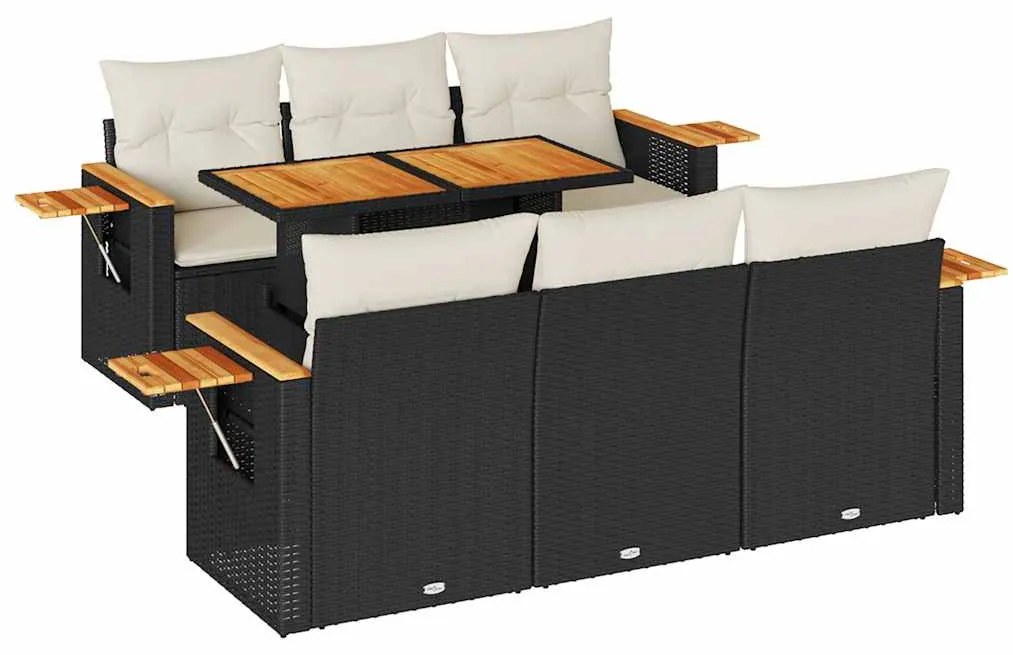 7 részes fekete polyrattan akácfa kerti ülőgarnitúra párnával