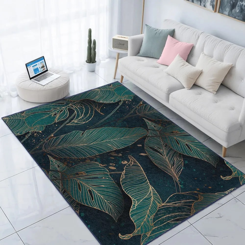 Petróleum színű mosható futószőnyeg 80x200 cm Midnight Jungle – Mila Home