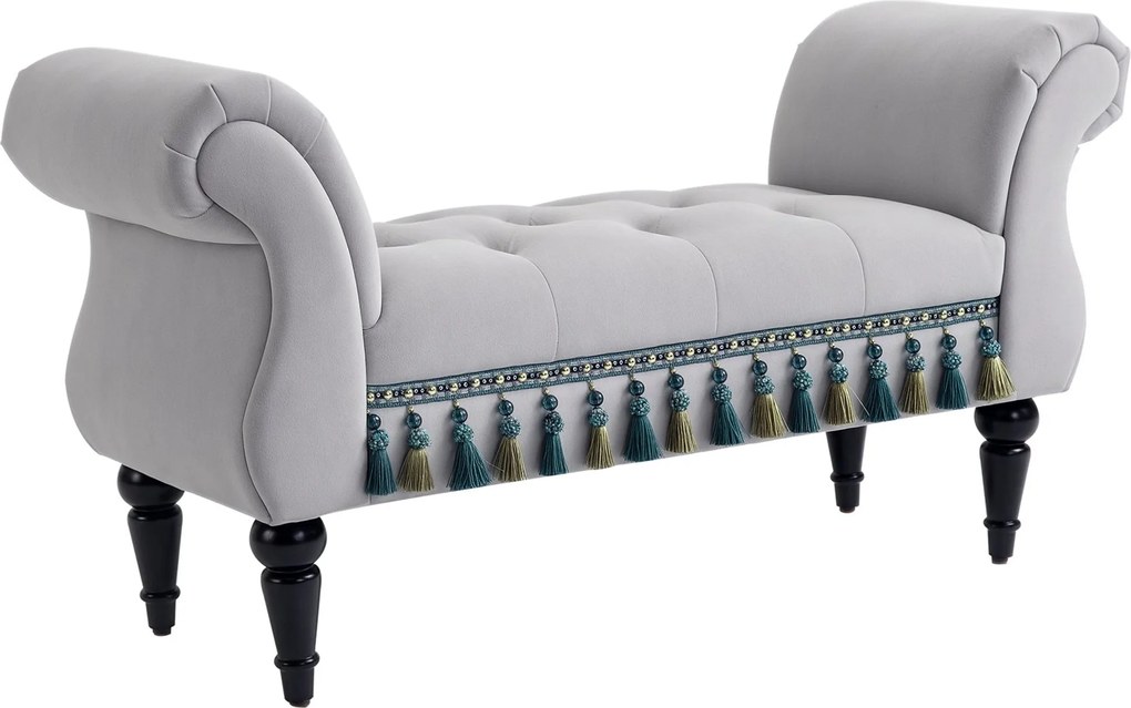 HOMCOM Kárpitozott Pad, Plüss Hatású, Luxus Ágy Szekrény, Fából készült Lábakkal, Előszoba Pad a Hálószobába, 150 kg-ig Terhelhetőség, Világosszürke,