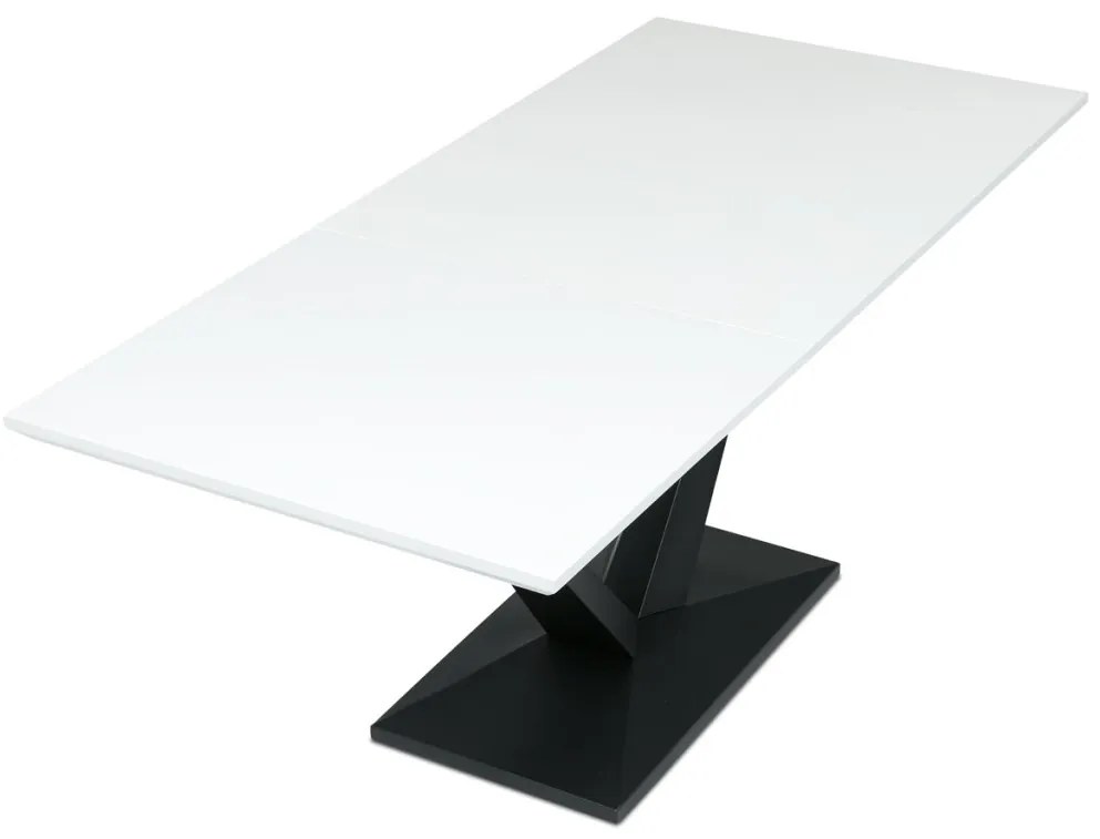 Masă de sufragerie, 140+40x85, cu blat MDF alb mat, picioare metalice negre.