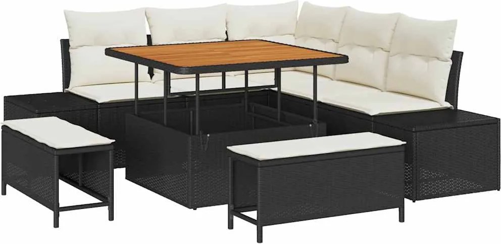 vidaXL Kerti Kanapé Szett párnával tárolóval 8 pcs Fekete Poli rattan