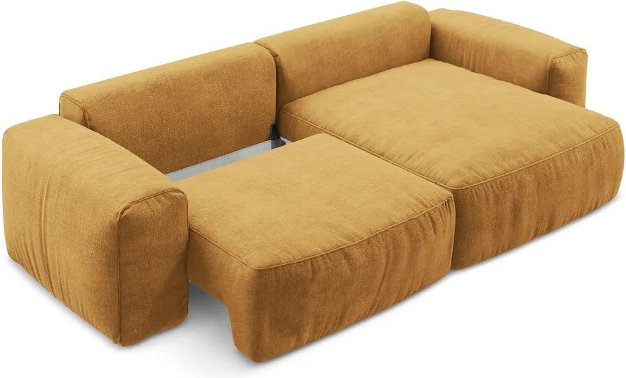 Mustársárga zsenília kinyitható sarokkanapé (jobb oldali-heverő résszel) Kuki – Makamii