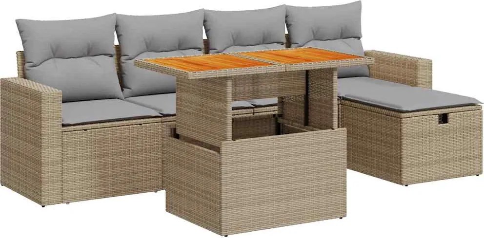 vidaXL 6 részes bézs polyrattan akácfa kerti ülőgarnitúra párnával