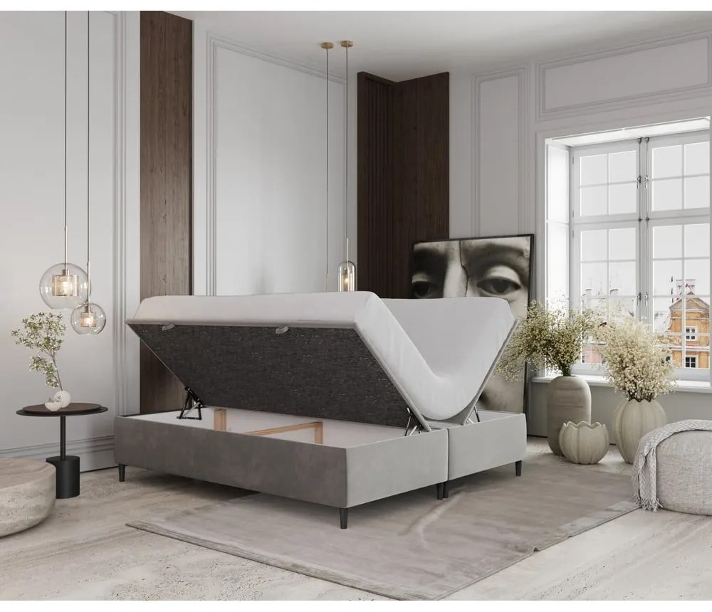 Világosszürke kárpitozott ágyneműtartós franciaágy 140x200 cm Tate – Maison de Rêve