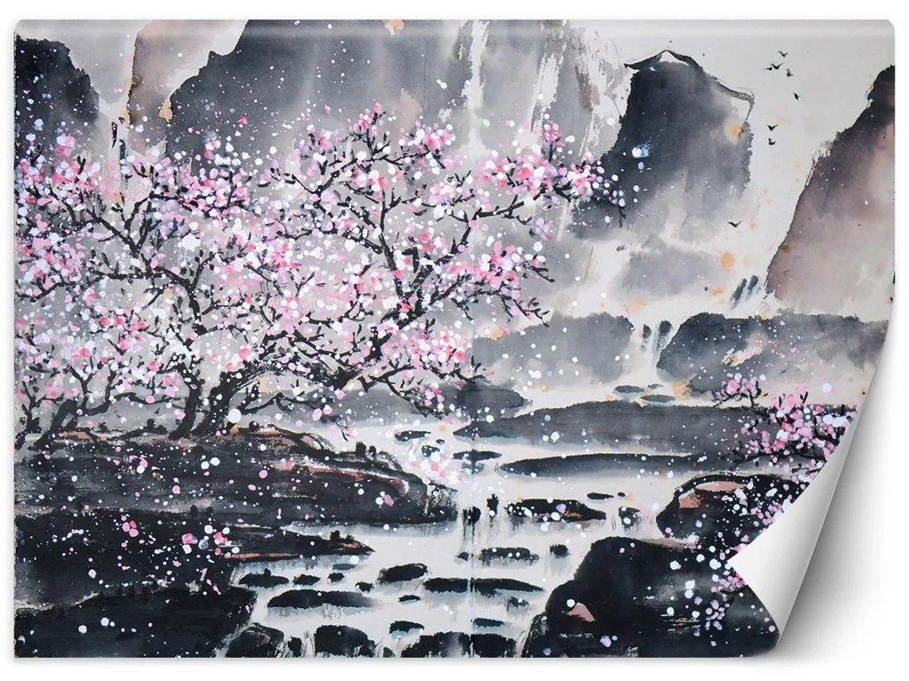 Gario Fotótapéta Cseresznyevirágzás egy hegyi háttéren Anyag: Vlies, Méret: 100 x 70 cm
